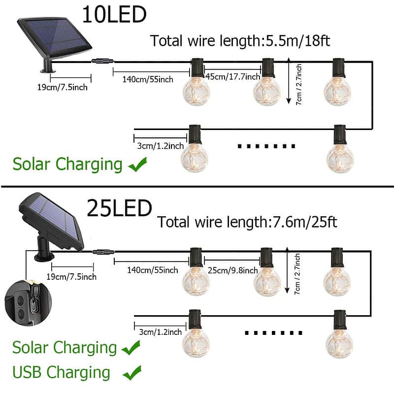 Guirlande Solaire "Ampoule G40 Claire À Fil" (Solar/Usb) – Image 4